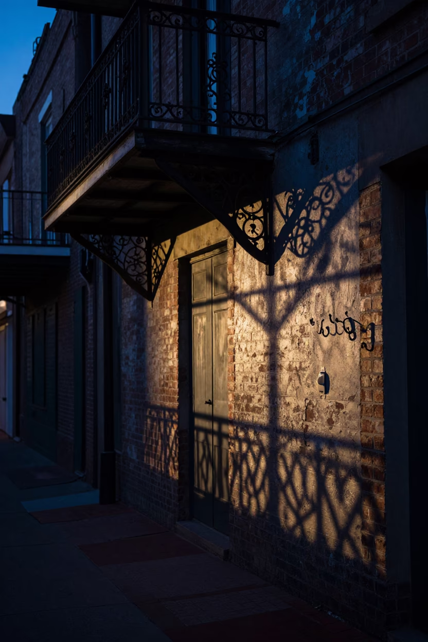 Predawn New Orleans Alleyway with Wicker Shadow and Wall Hook in in New Orleans, Louisiana, United States