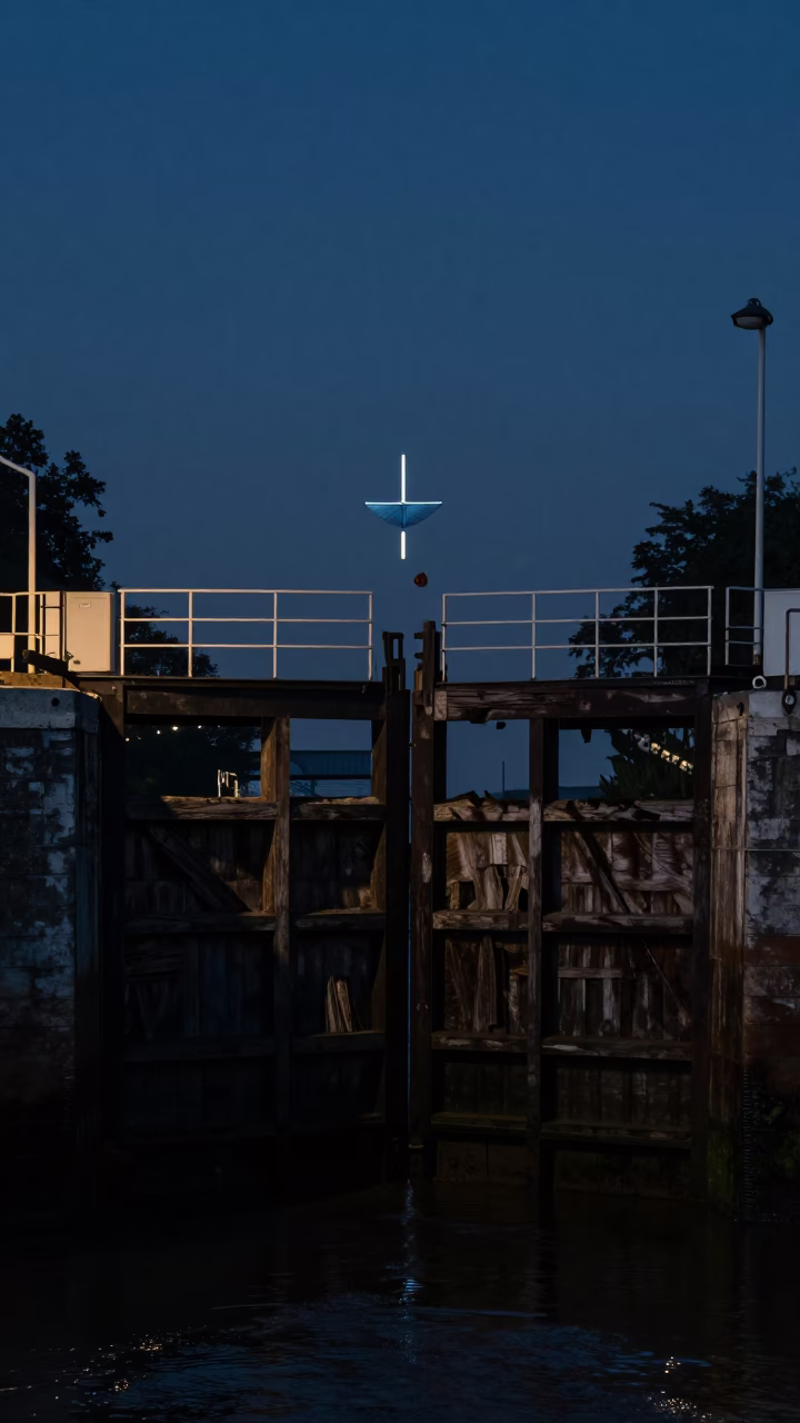 Predawn New Orleans Canal Lock Rotten Timber Gates and Seismograph Needle in in New Orleans, Louisiana, United States