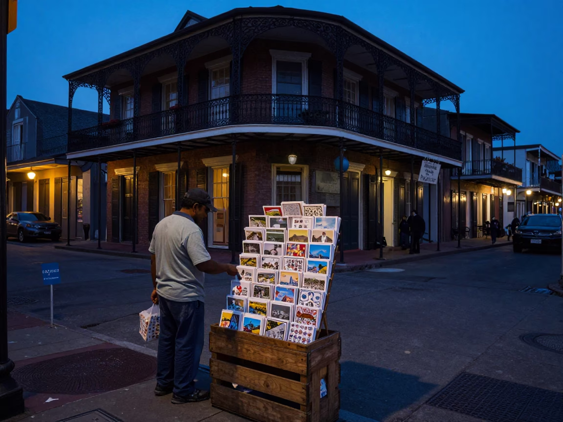 Predawn New Orleans Street Corner with Postcards and Local Morning Activity in in New Orleans, Louisiana, United States