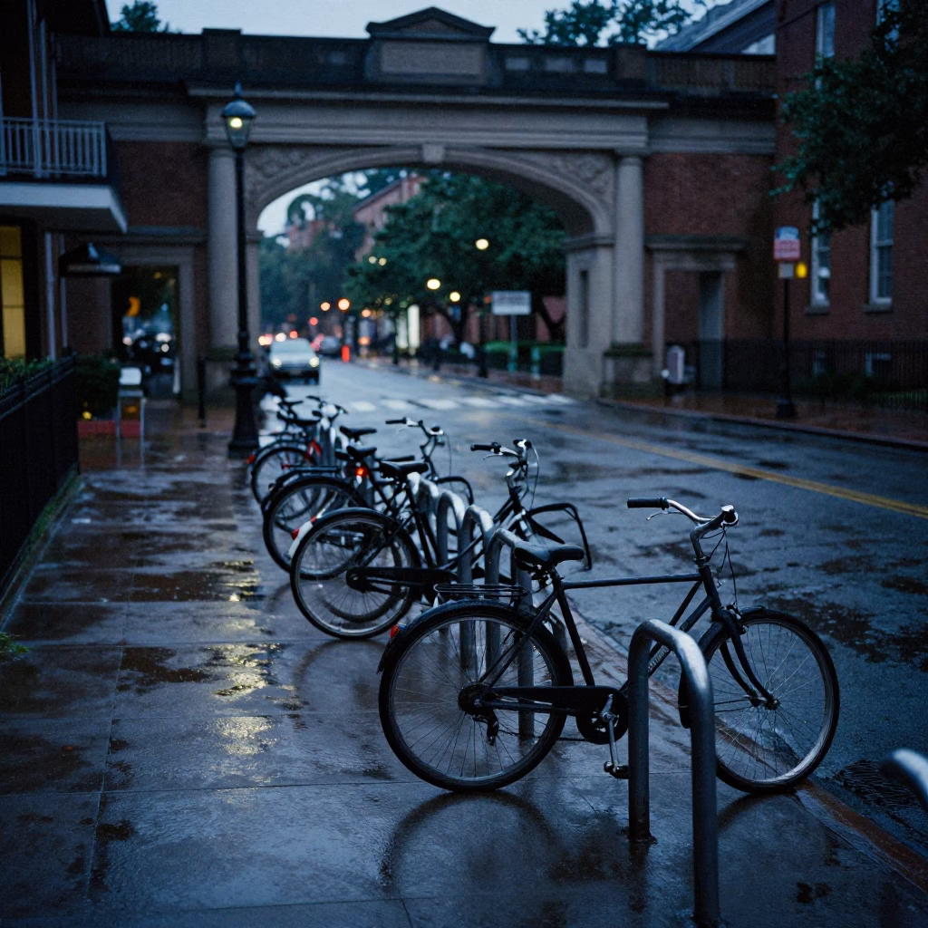 Predawn New Orleans Street Scene with Bicycle Rack and Wet Cobblestones in in New Orleans, Louisiana, United States
