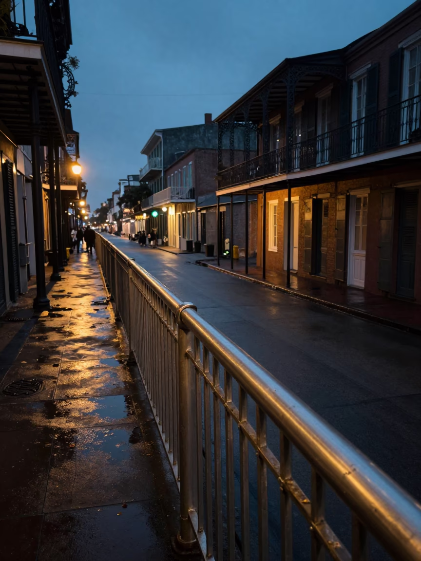 Predawn New Orleans Street Scene with Brushed Steel Rail and Urban Ambiance in in New Orleans, Louisiana, United States