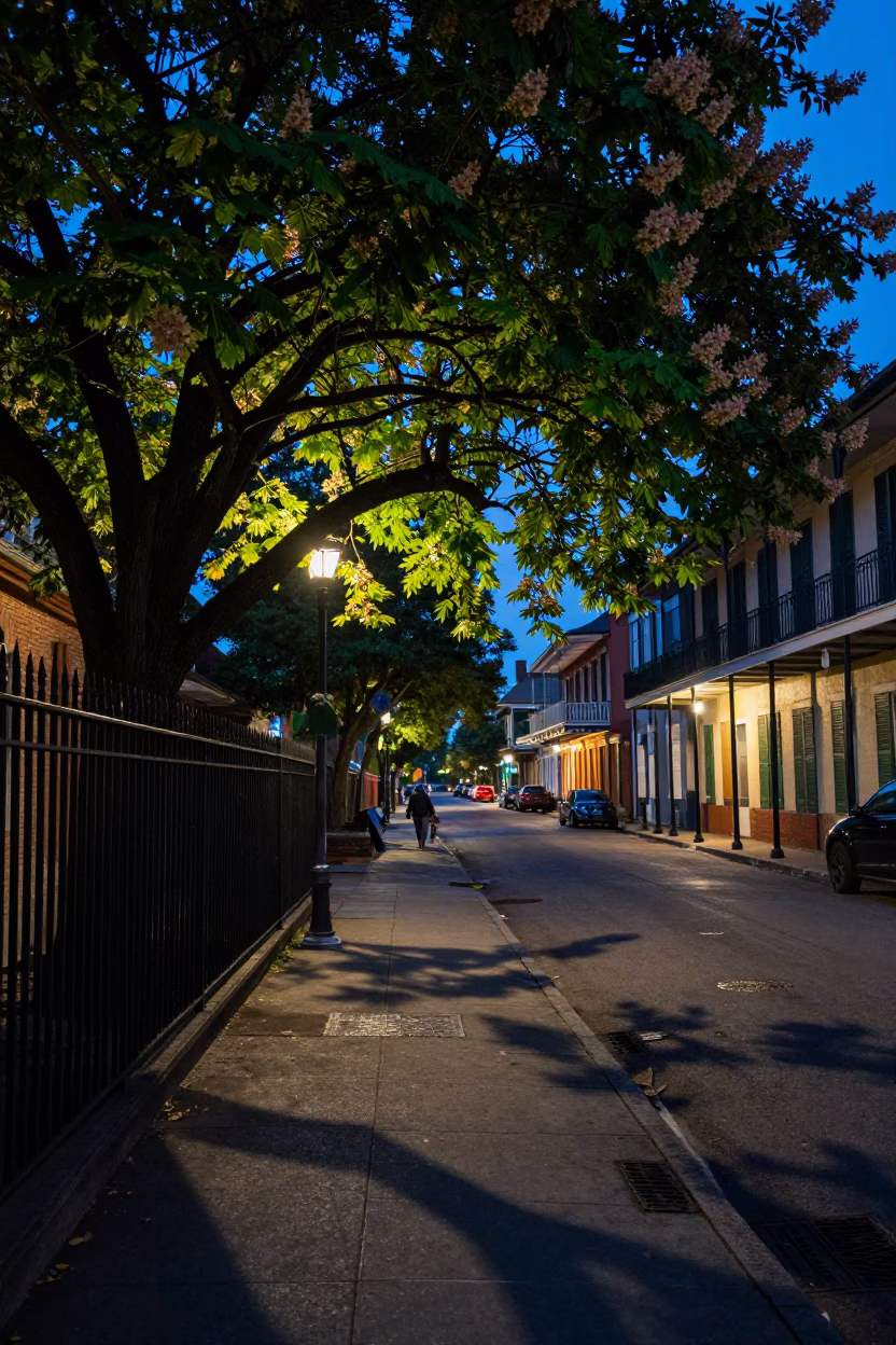 Predawn New Orleans Street Scene with Chestnut Tree and Iron Balconies in in New Orleans, Louisiana, United States