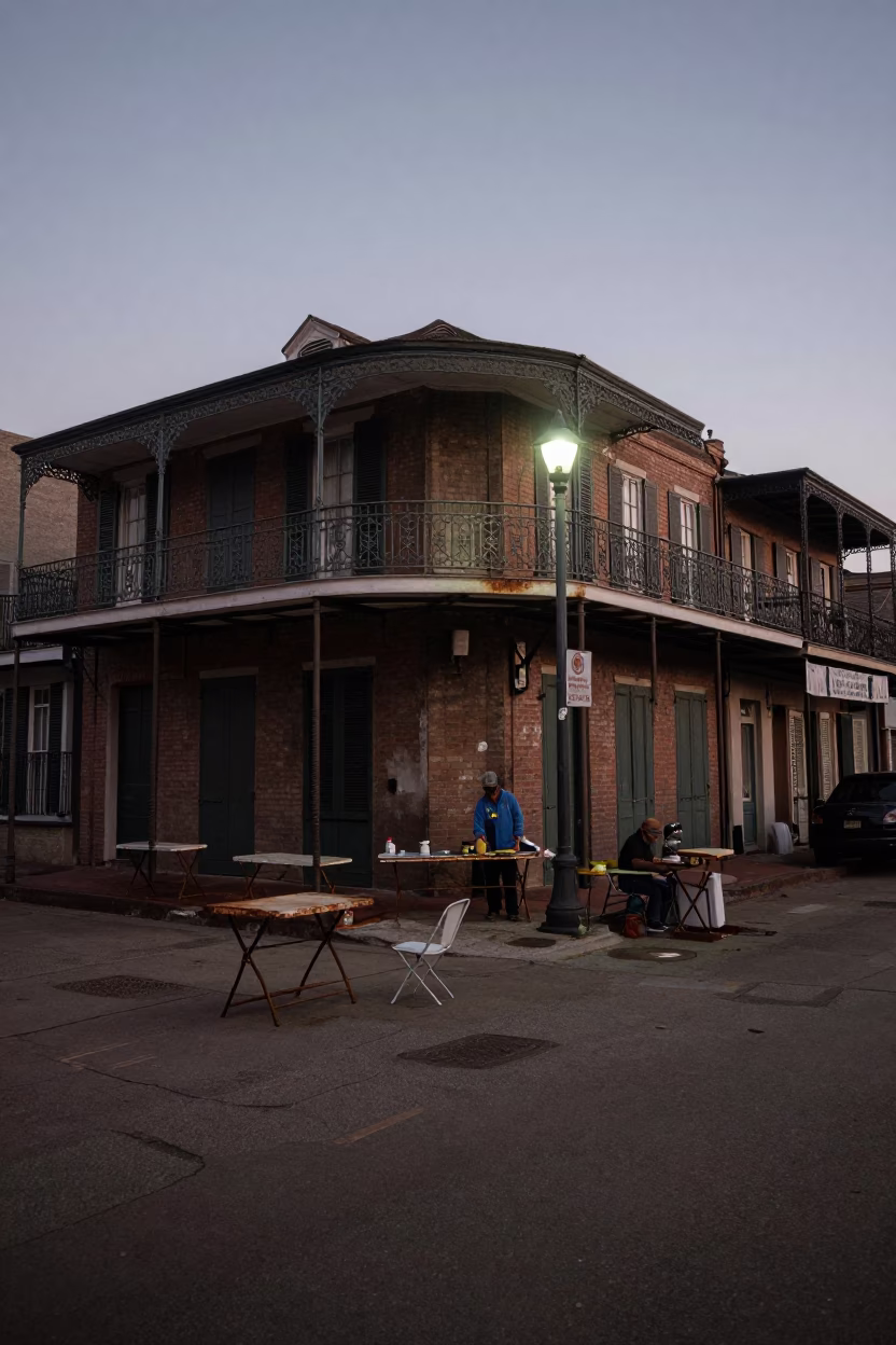 Predawn New Orleans Street Scene with Folding Tables and Rusty Saucer Details in in New Orleans, Louisiana, United States