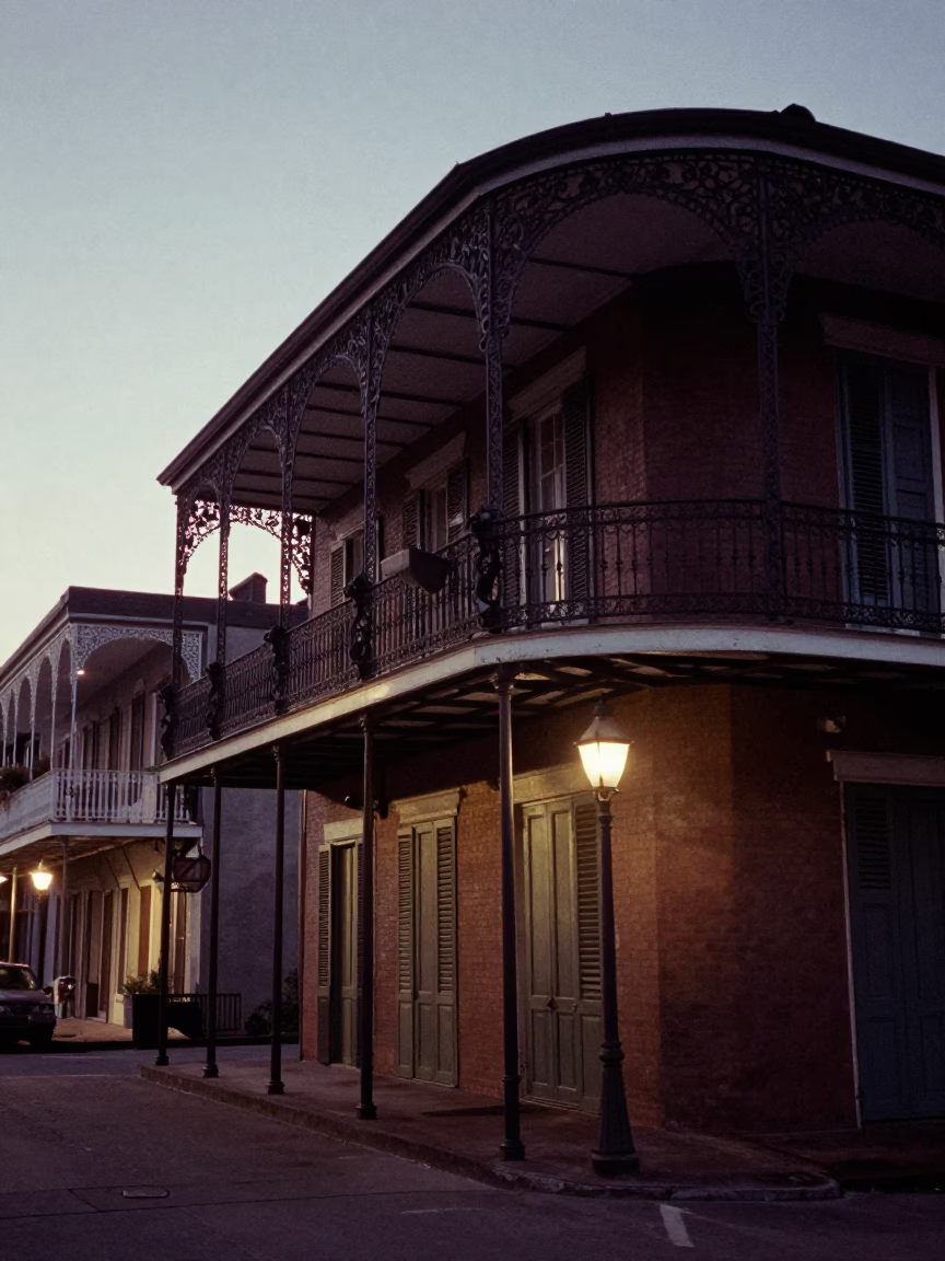 Predawn New Orleans Street Scene with Iron Balconies and Streetlamp Light in in New Orleans, Louisiana, United States