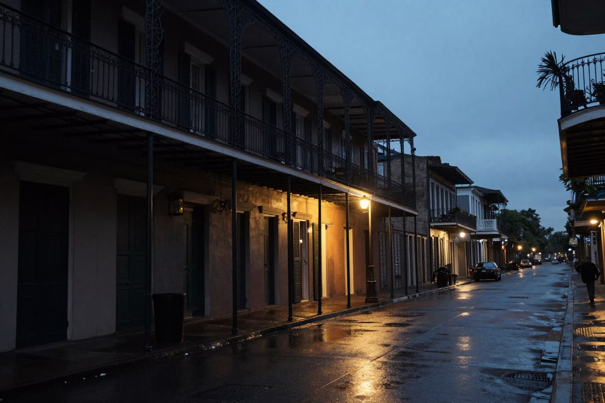 Predawn New Orleans street scene with ironwork balconies and quiet urban atmosphere in in New Orleans, Louisiana, United States