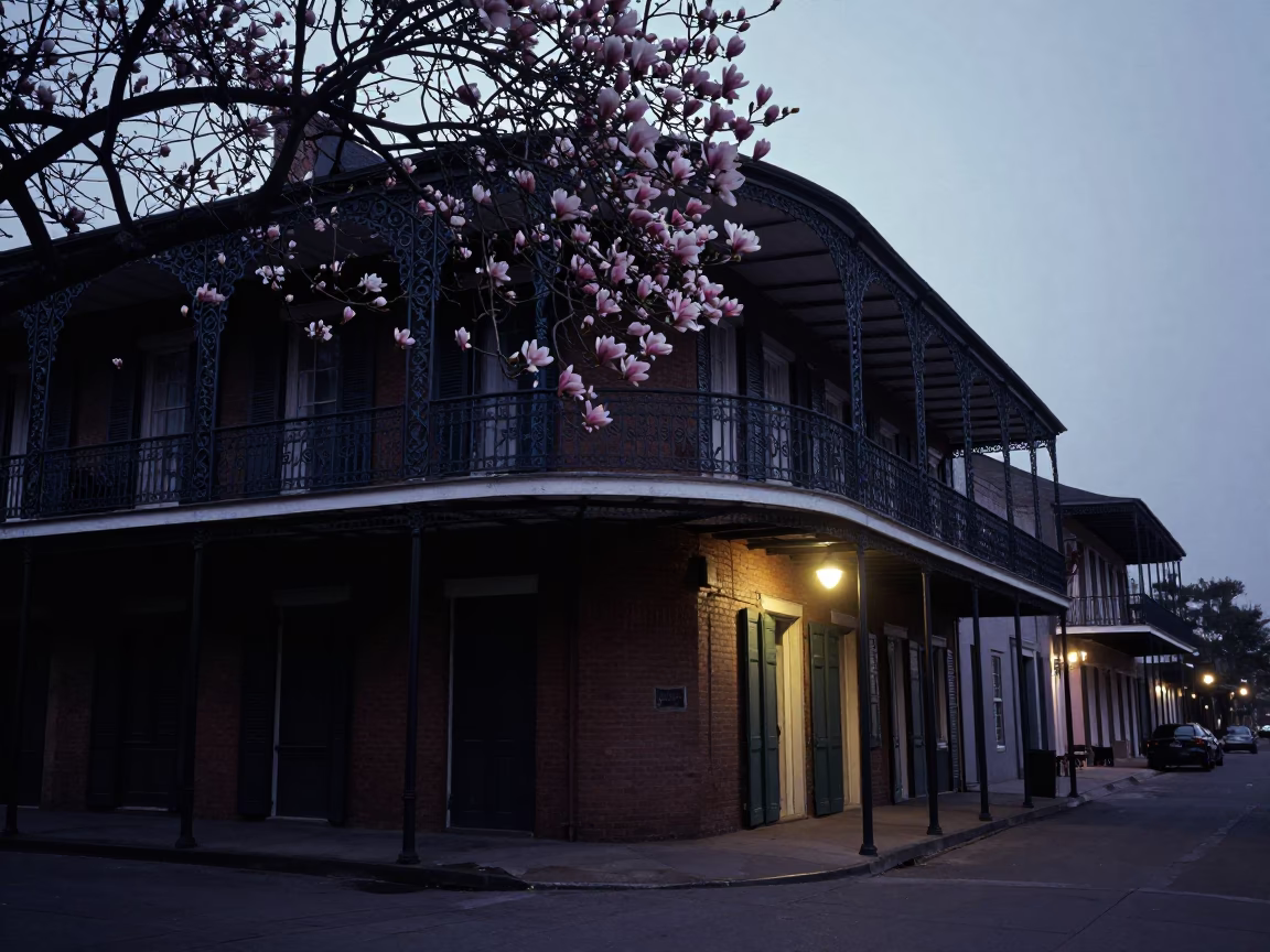 Predawn New Orleans Street Scene with Magnolia Bloom and Iron Balcony in in New Orleans, Louisiana, United States