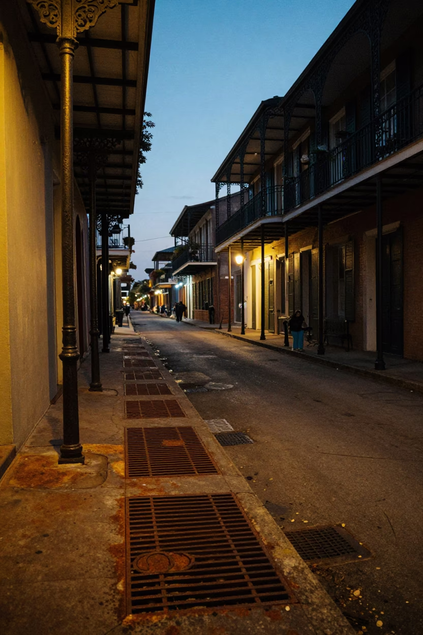 Predawn New Orleans Street Scene with Rusty Iron Grates and Morning Light in in New Orleans, Louisiana, United States