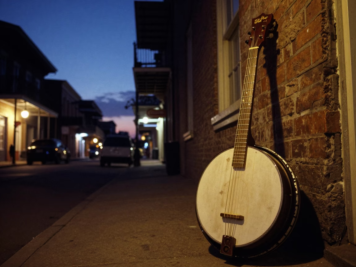 Predawn New Orleans Street Scene with Vintage Banjo and Worn Doorframe in in New Orleans, Louisiana, United States