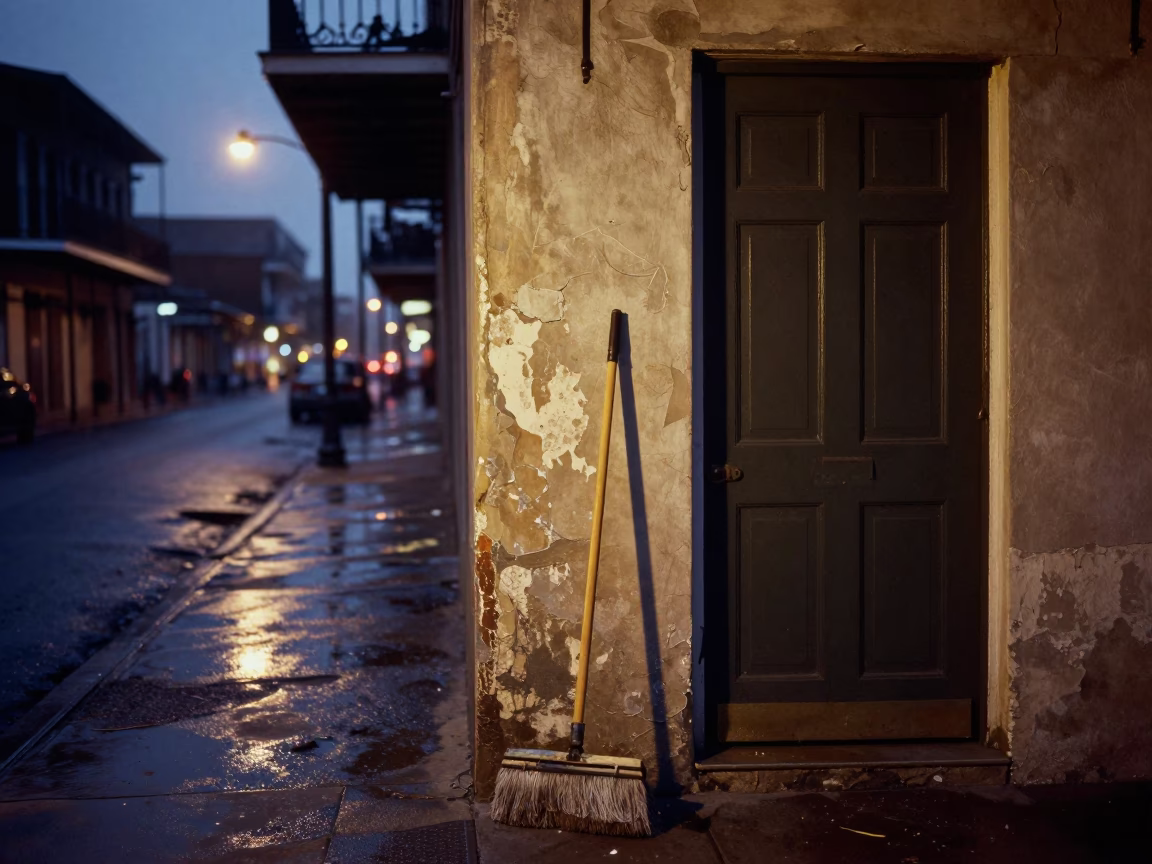 Predawn New Orleans Street Scene with Vintage Mops and Door Latch Detail in in New Orleans, Louisiana, United States