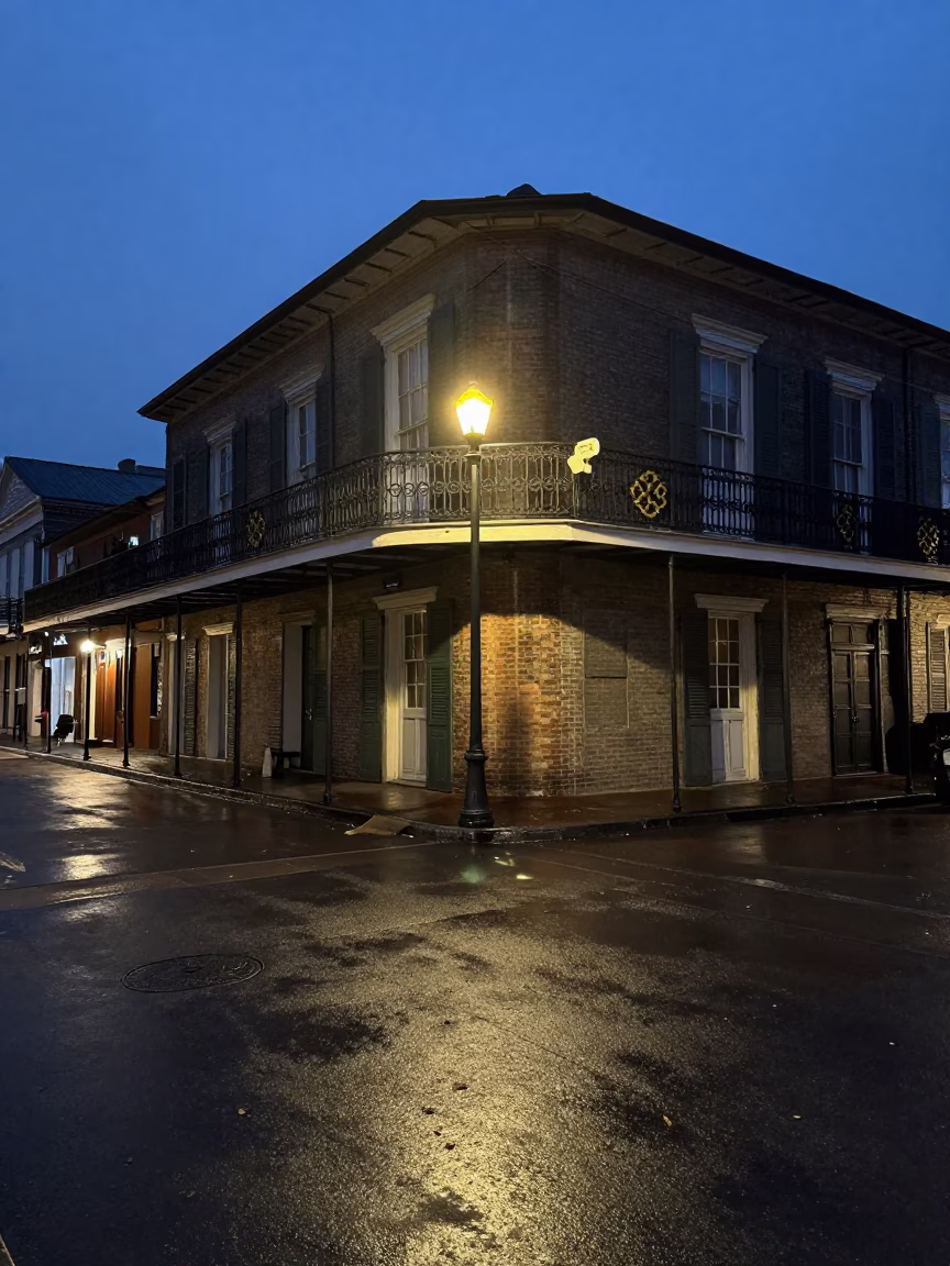 Predawn New Orleans Street Scene with Wet Asphalt and Vintage Car in in New Orleans, Louisiana, United States