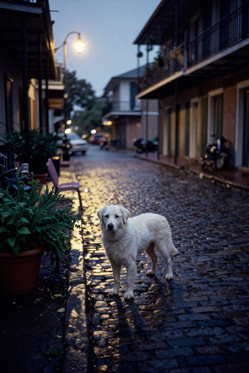 Predawn New Orleans Street Scene with White Dog and Garden Shears in in New Orleans, Louisiana, United States