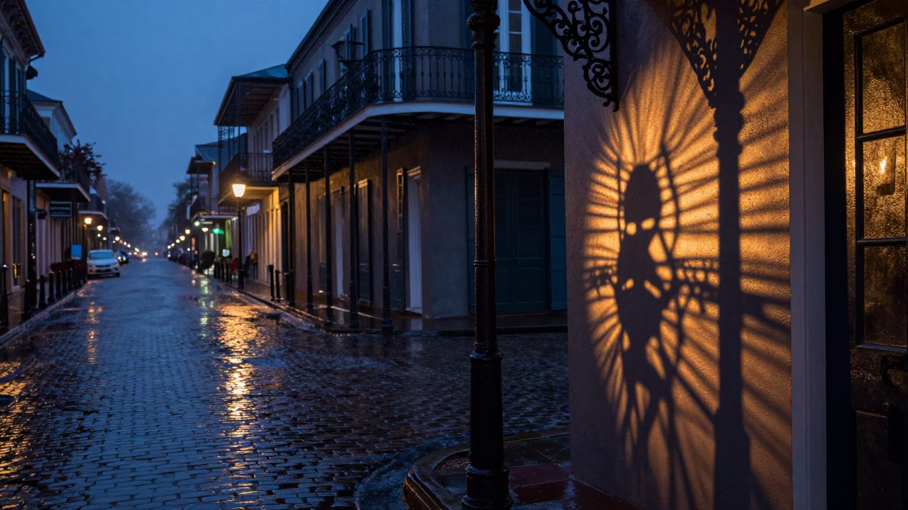 Predawn New Orleans Street Scene with Wicker Shadow and Rainy Atmosphere in in New Orleans, Louisiana, United States