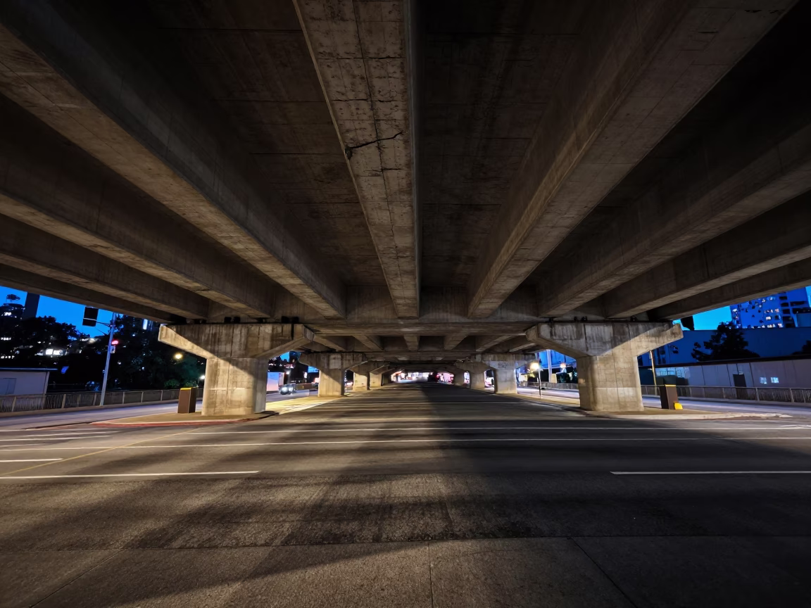 Predawn New York City Flyover Underside Striped with Traffic Shadows in in New York, New York, United States