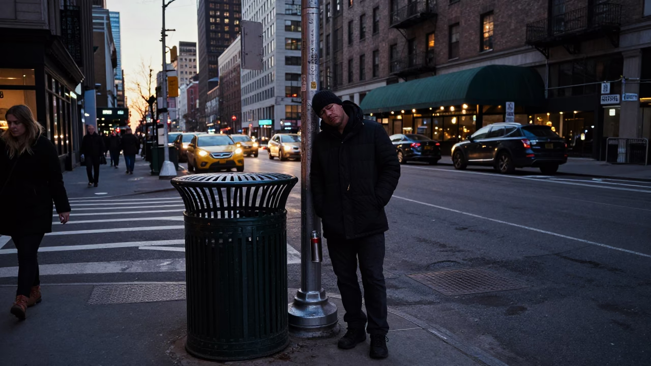 Predawn New York City Street Corner with Coffee Thermos and Urban Life in in New York, New York, United States