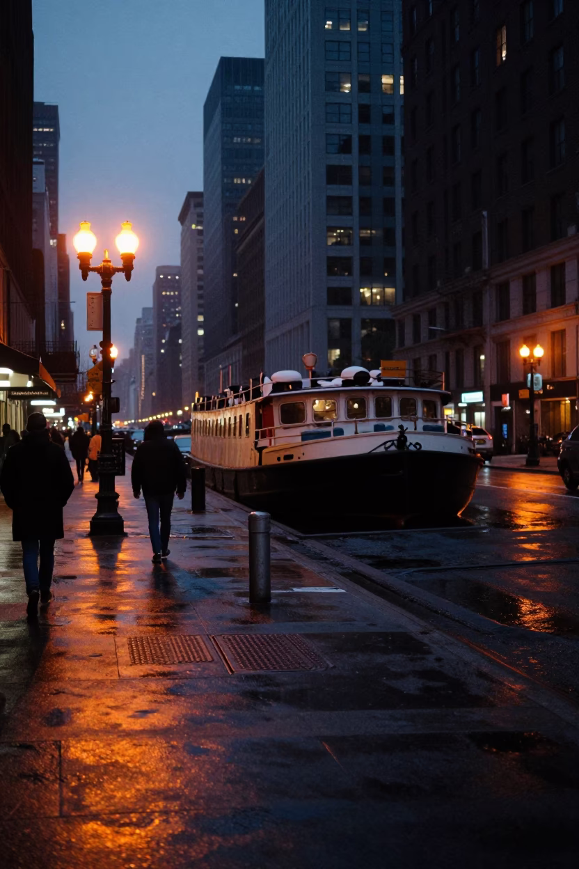Predawn New York City Street Scene with Canal Barge and Tunnel Portal in in New York, New York, United States