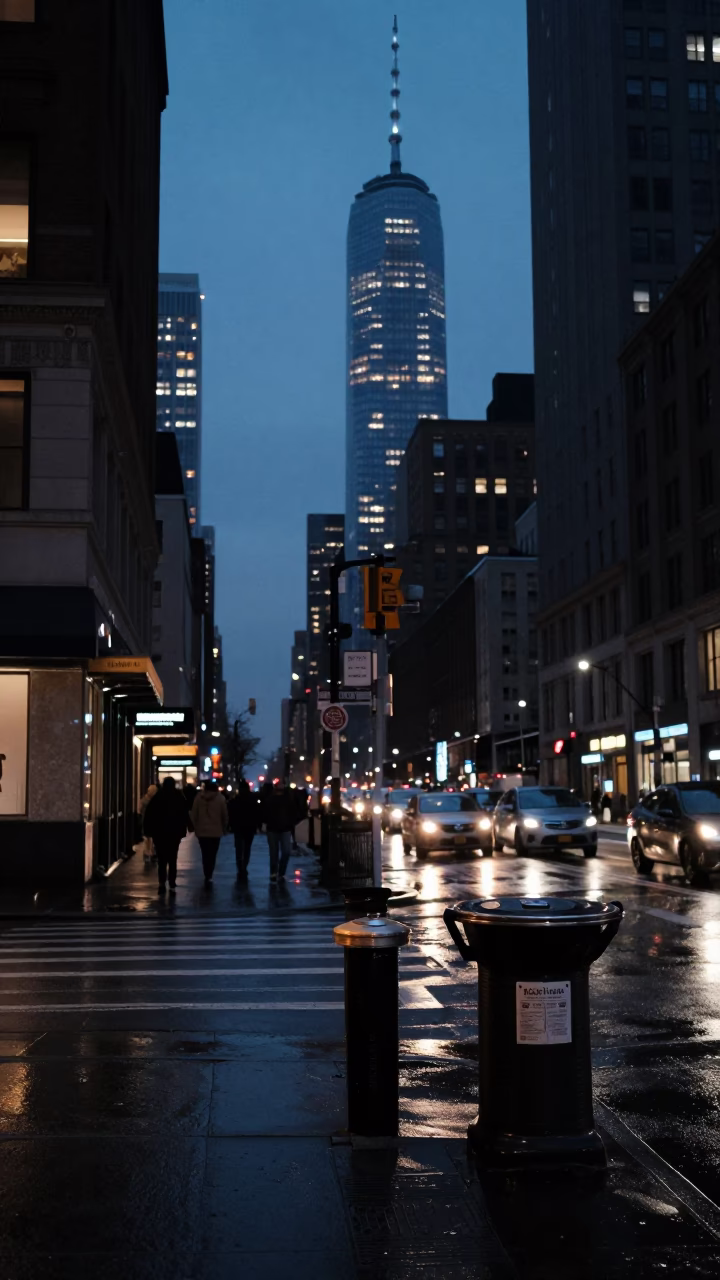Predawn New York City Street Scene with Coffee Grinder and City Lights in in New York, New York, United States
