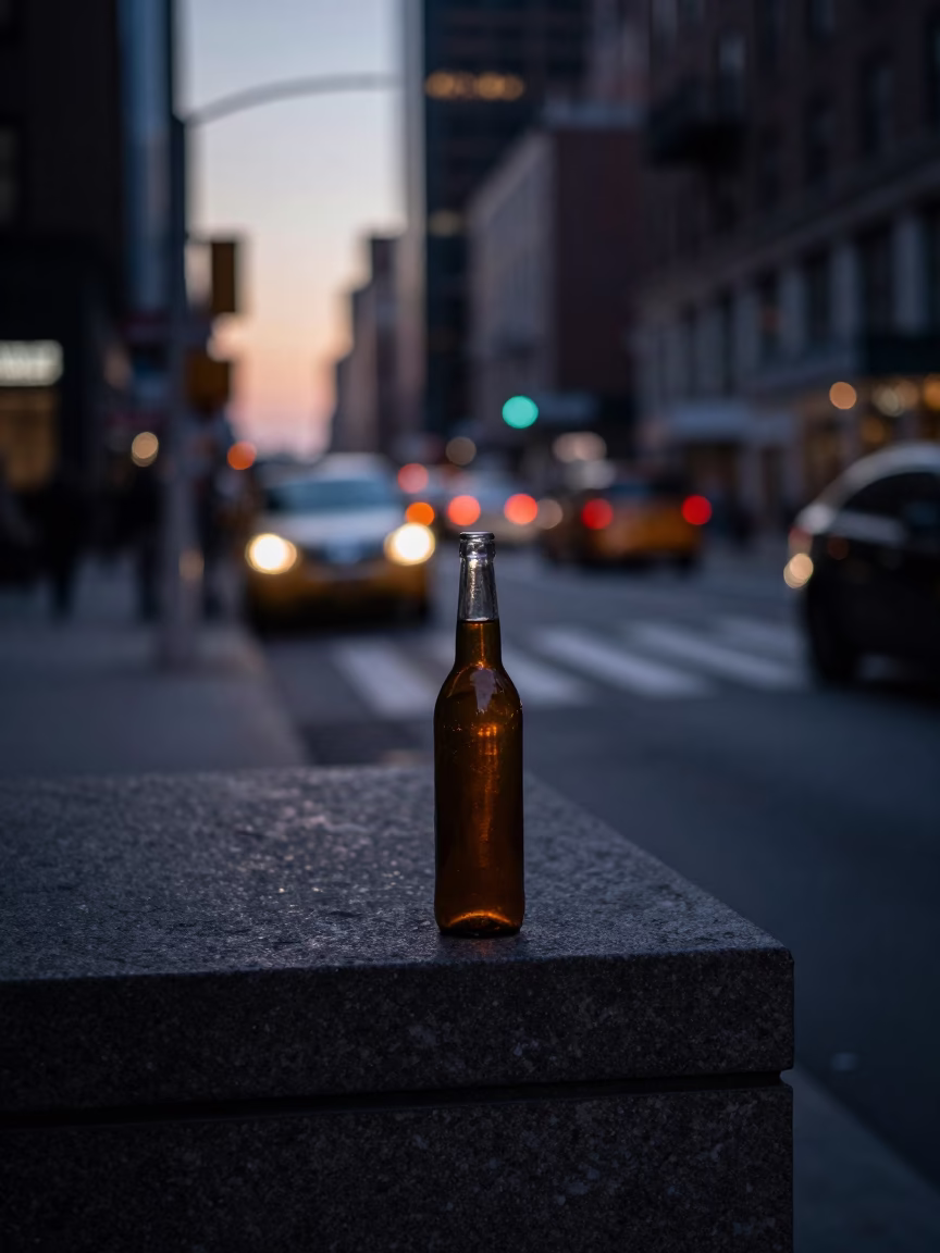 Predawn New York City Street Scene with Colored Glass Bottle and Vine in in New York, New York, United States