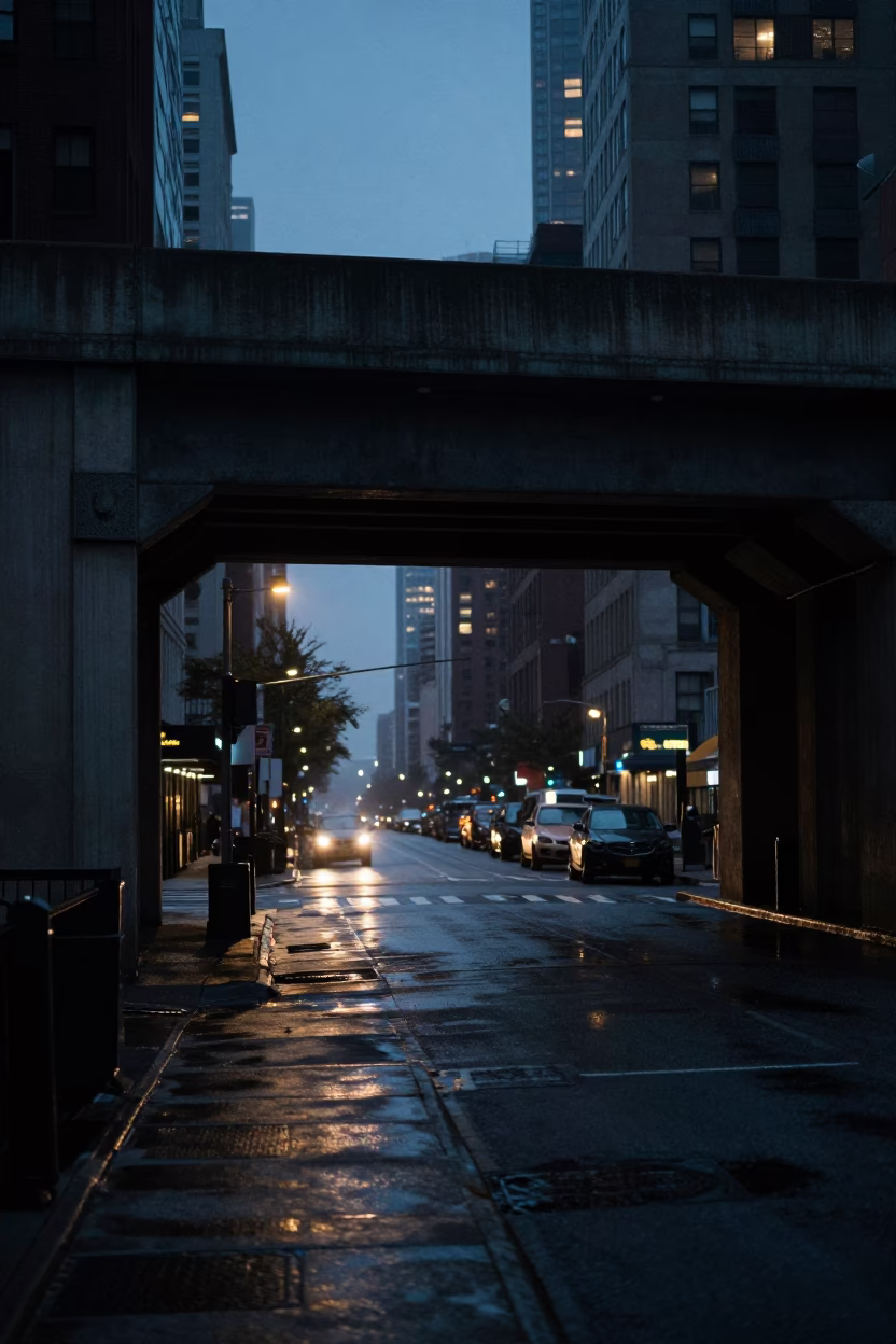 Predawn New York City Street Scene with Concrete Viaduct and Urban Infrastructure in in New York, New York, United States