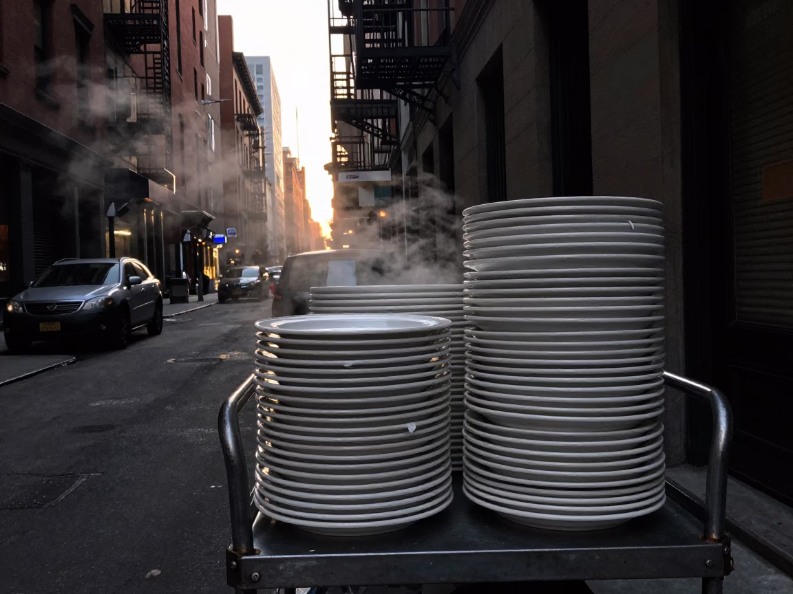 Predawn New York City Street Scene with Stacked Plates and Alarm Clock in in New York, New York, United States