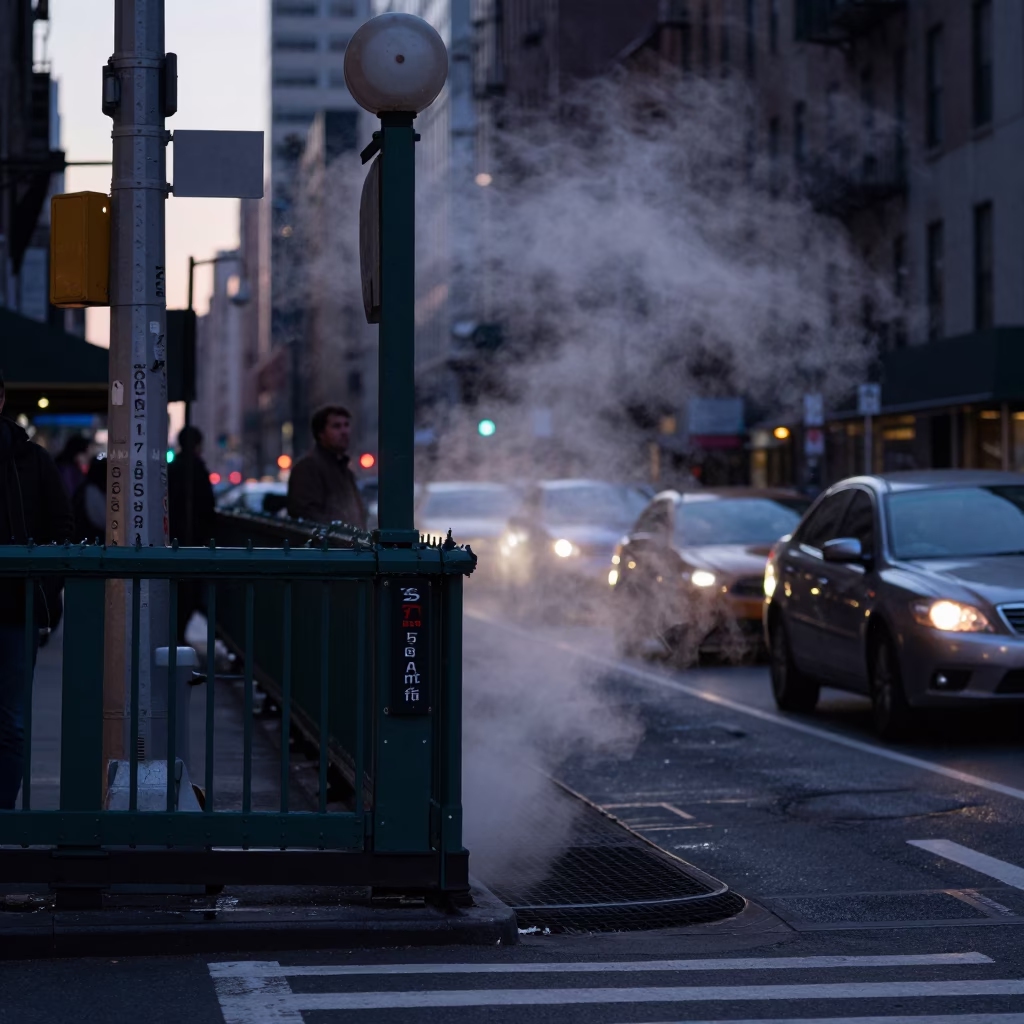 Predawn New York City Street Scene with Steam and Urban Details in in New York, New York, United States