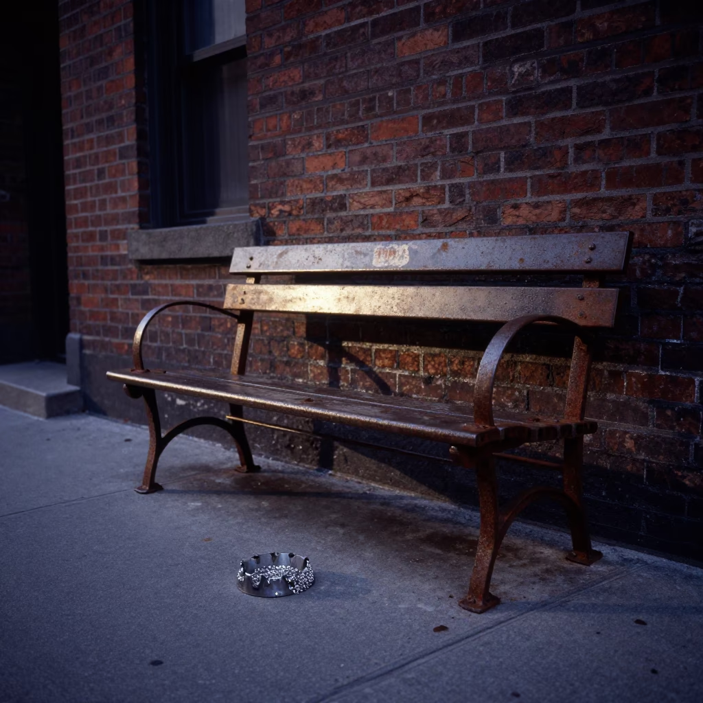 Predawn New York Street Corner Rusty Bench and Ashtray Detail in in New York, New York, United States