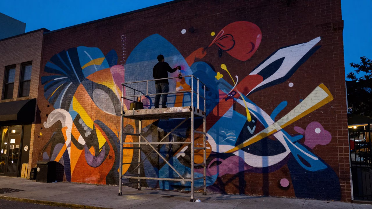 Predawn New York Street Mural Artist Painting Urban Wall in Early Morning Darkness in in New York, New York, United States