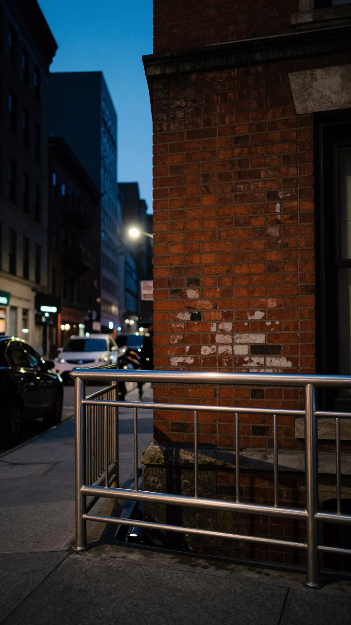 Predawn New York Street Scene with Brushed Steel Rail and Hanging Scarf in in New York, New York, United States