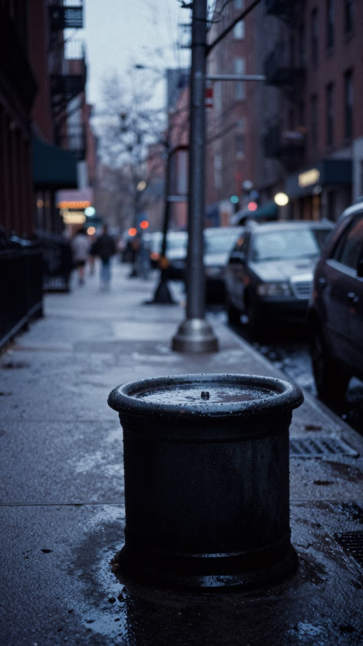 Predawn New York Street Scene with Condensation on Basin and Storage Tin in in New York, New York, United States