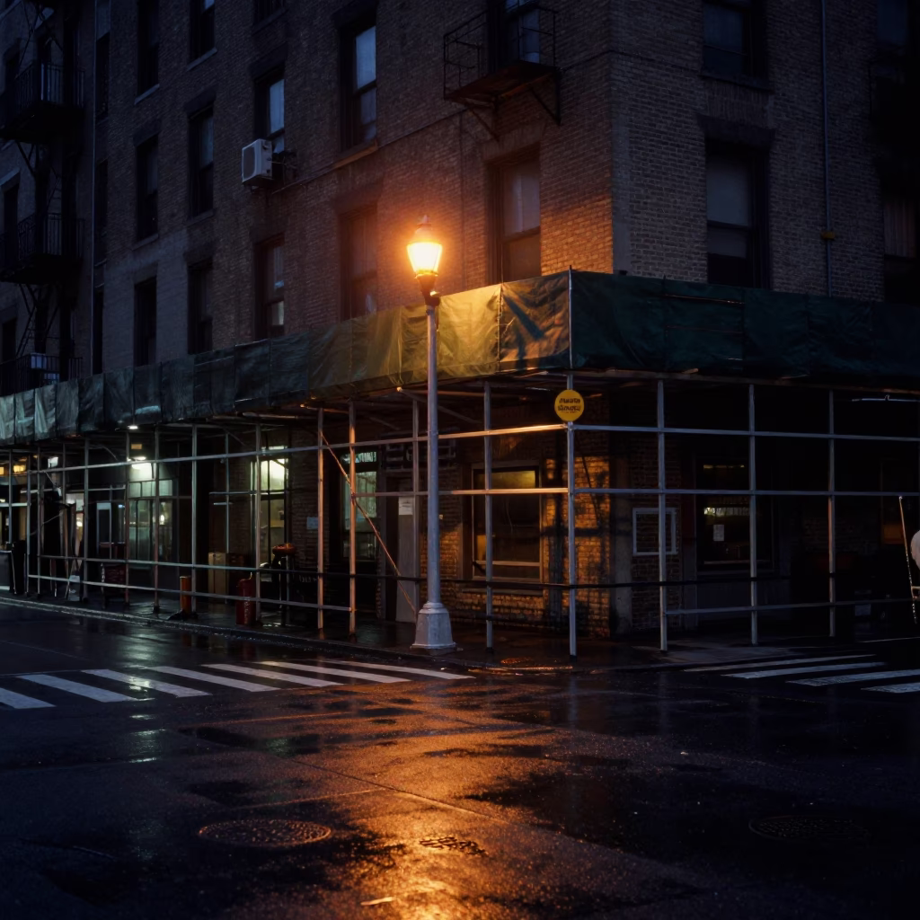 Predawn New York Street Scene with Construction Scaffold and Wet Mortar in in New York, New York, United States
