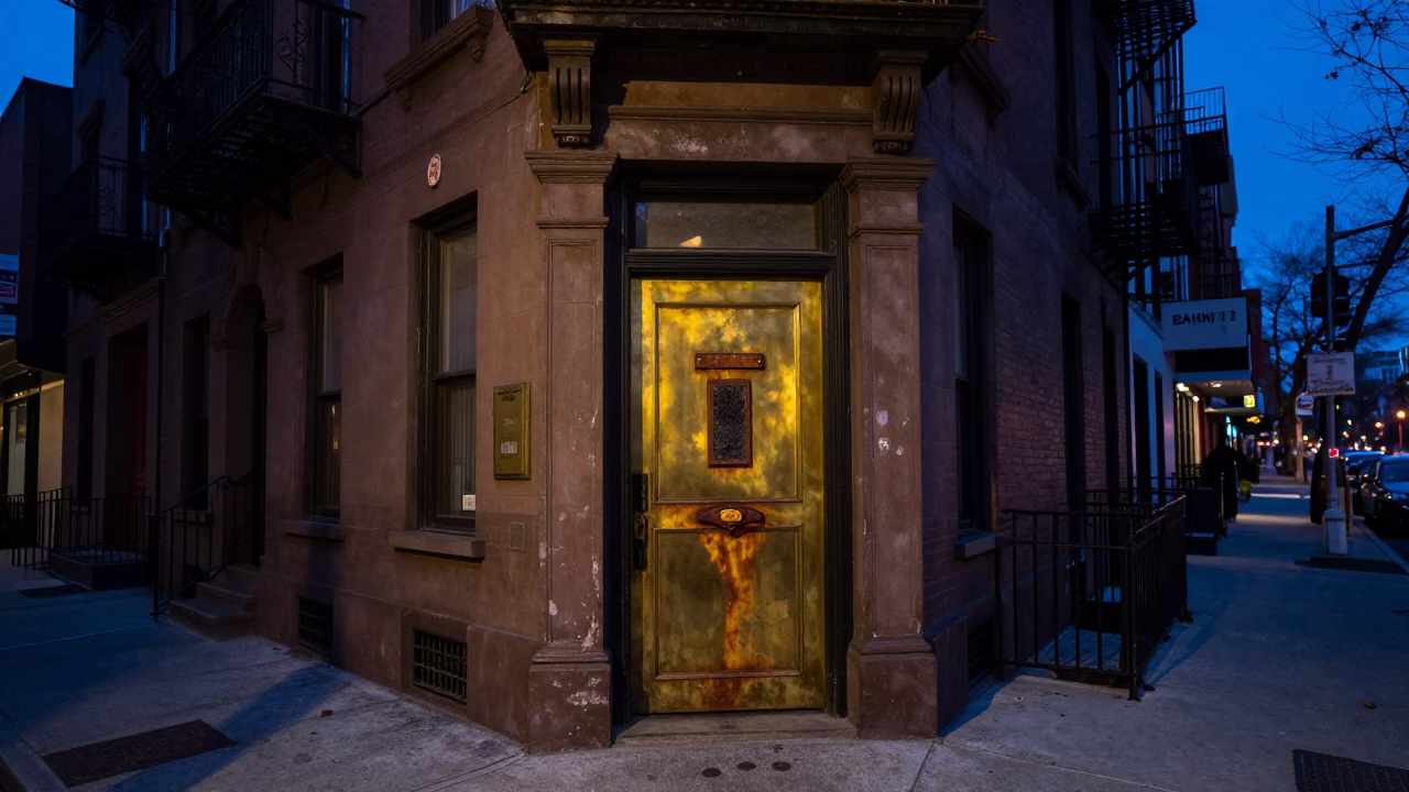 Predawn New York Street Scene with Rusty Drawer Pull and Grease Sheen on Rail in in New York, New York, United States