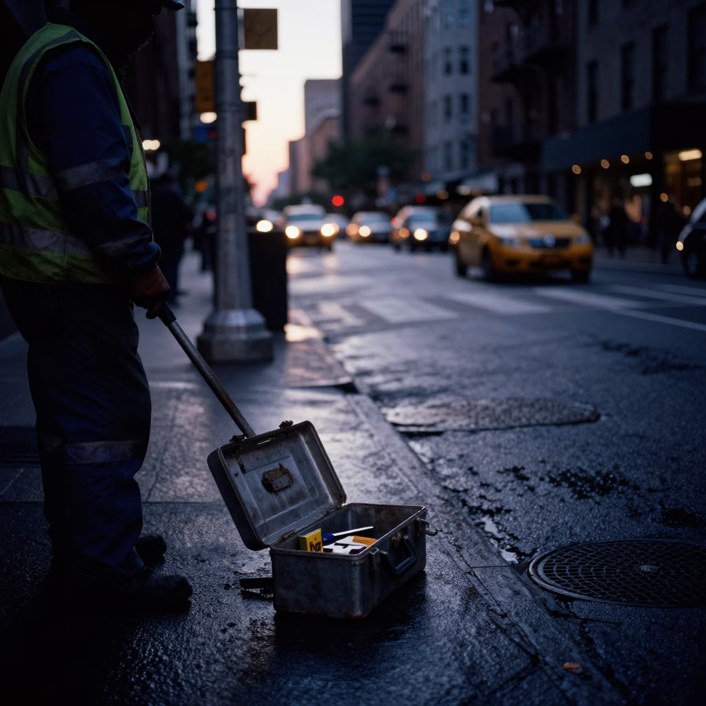 Predawn New York Street Scene with Toolbox and Grease Sheen on Bucket Lip in in New York, New York, United States