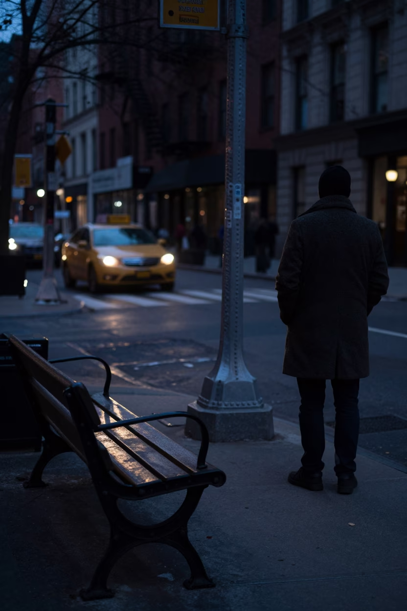 Predawn New York Street Scene with Vintage Bench and Early Morning Light in in New York, New York, United States