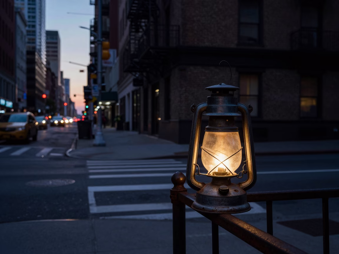 Predawn New York Street Scene with Vintage Hurricane Lamp and Urban Details in in New York, New York, United States