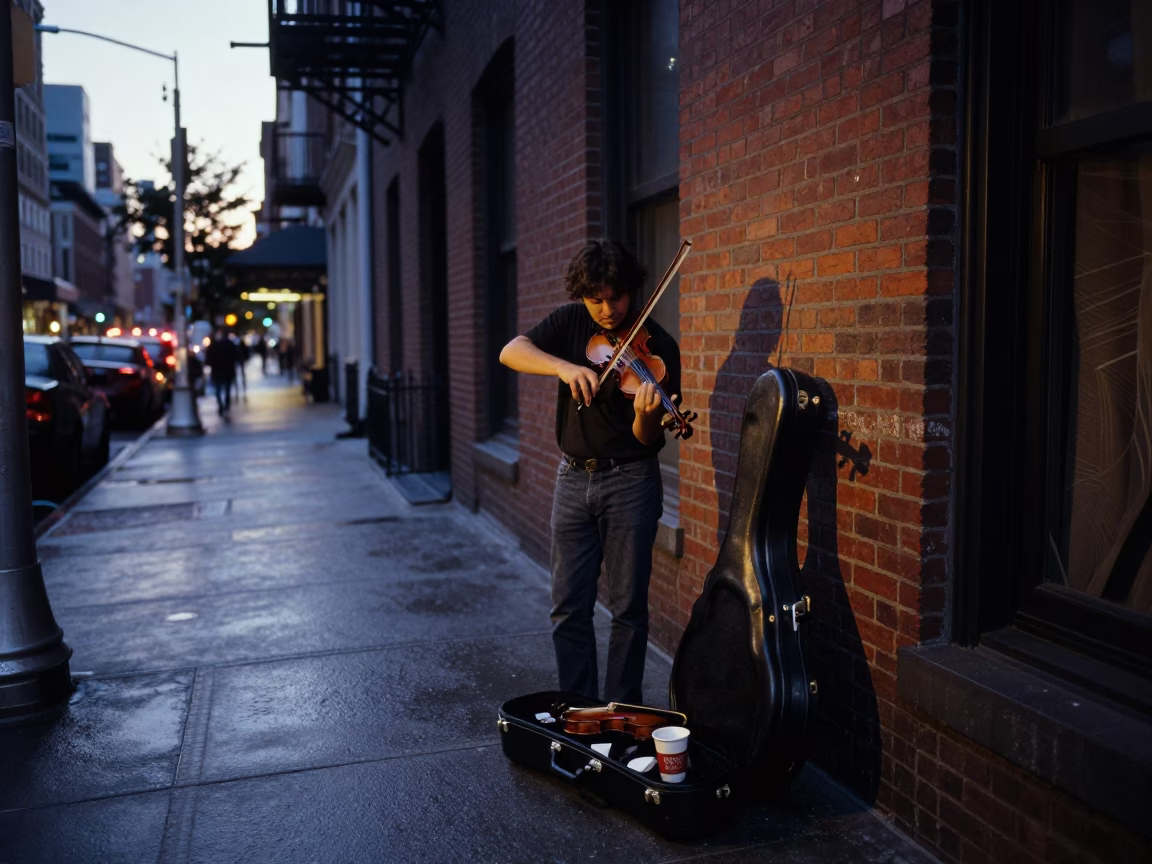 Predawn New York Street Scene with Violin Case and Coffee Cup in in New York, New York, United States