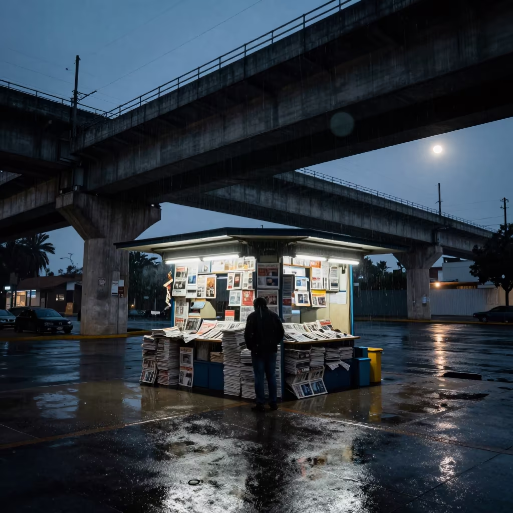 Predawn Newsstand Under Train Line in Quevedo in under an elevated train line in Quevedo