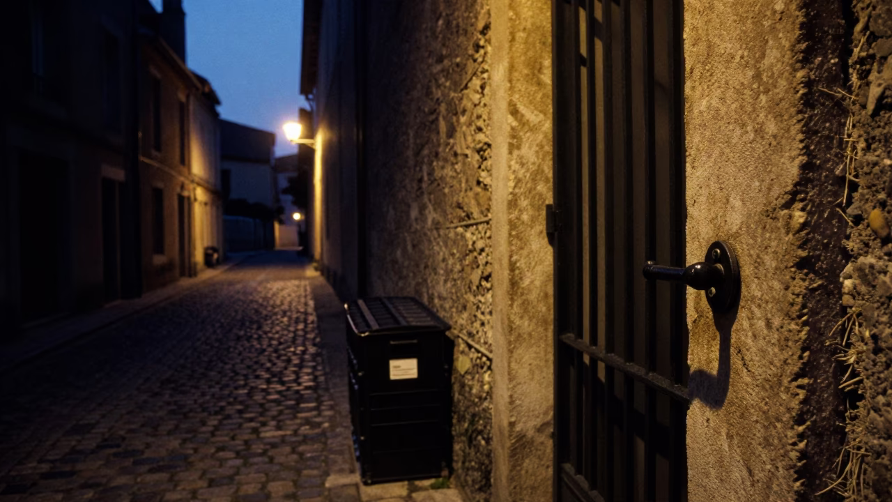 Predawn Nice France street scene with gate handle and storage tins in historic alley in in Nice, France