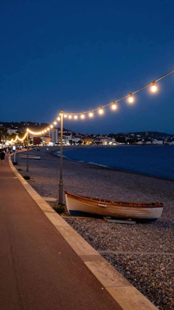 Predawn Nice France Street Scene with String Lights and Coastal Pebble Beach in in Nice, France