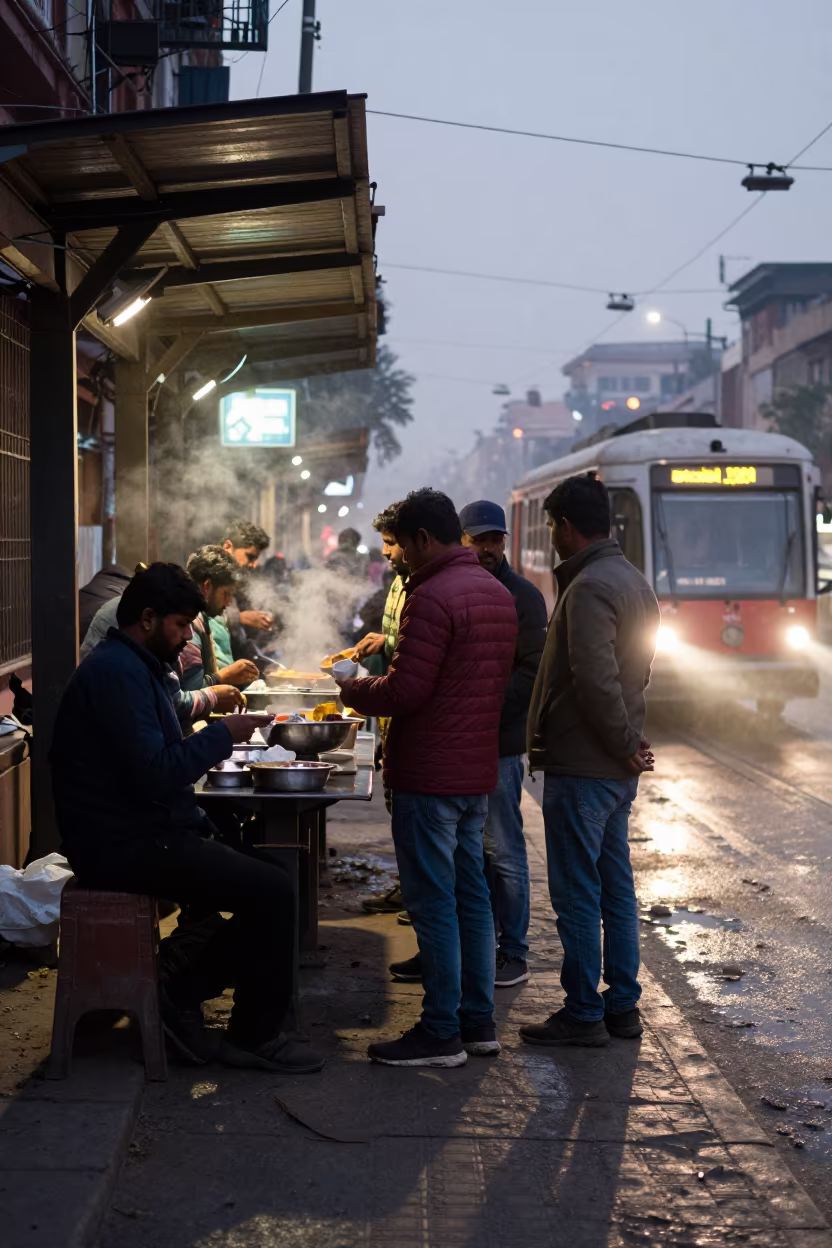 Predawn Noodle Queue Patna Tram Stop Neon in at a tram stop in Patna