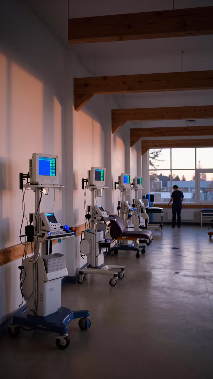 Predawn Nurse Station Monitors Glow in inside a rehabilitation gym in Missoula