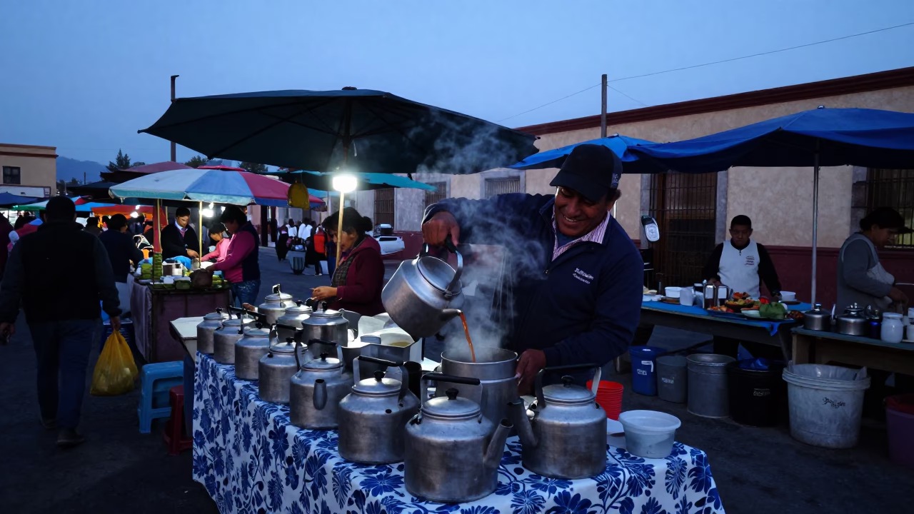 Predawn Oaxaca Market Stall with Kettle and Blue Floral Porcelain in in Oaxaca, Mexico