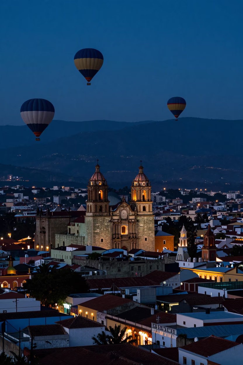 Predawn Oaxaca Skyline with Hot Air Balloon Fleet Rising in Darkness in in Oaxaca, Mexico