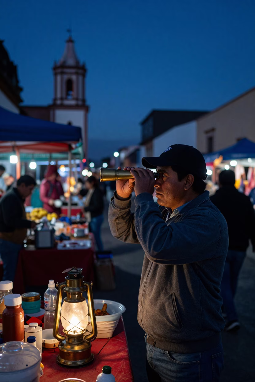 Predawn Oaxaca Street Market Preparation with Frosted Telescope Eyepiece and Tile Shadows in in Oaxaca, Mexico