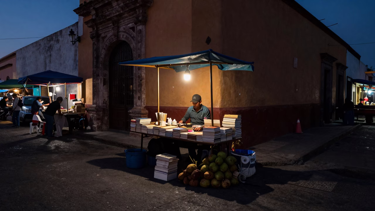 Predawn Oaxaca Street Market Scene with Books and Coconuts in in Oaxaca, Mexico