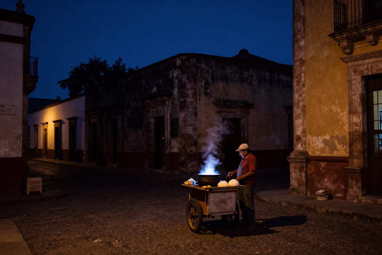 Predawn Oaxaca Street Scene with Cooking Pot and Salt Cellar in Darkness in in Oaxaca, Mexico