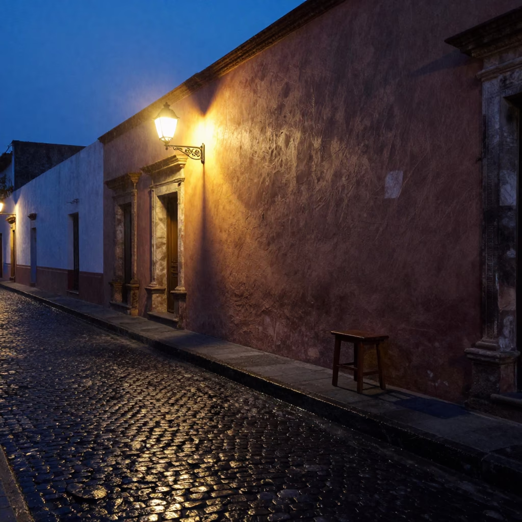 Predawn Oaxaca Street Scene with Night-light and Condensation on Stool Leg in in Oaxaca, Mexico
