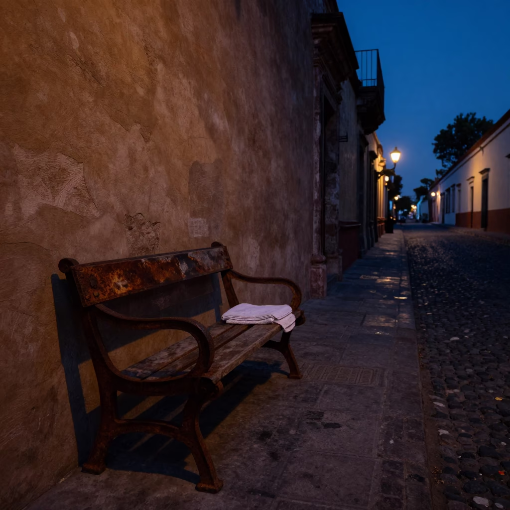 Predawn Oaxaca Street Scene with Rusty Bench and Towels in in Oaxaca, Mexico