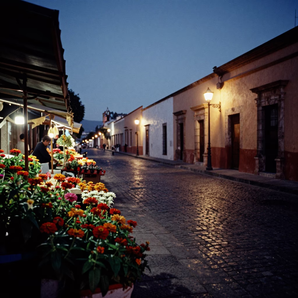 Predawn Oaxaca Street Scene with Zinnias and Local Market Preparation in in Oaxaca, Mexico