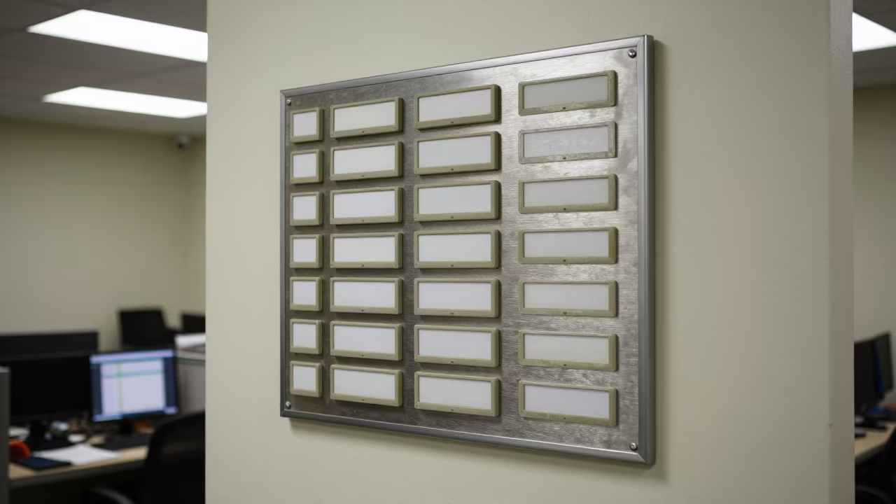 Predawn Office Catering Board With Paper Labels in inside an open-plan office bay in Sargodha