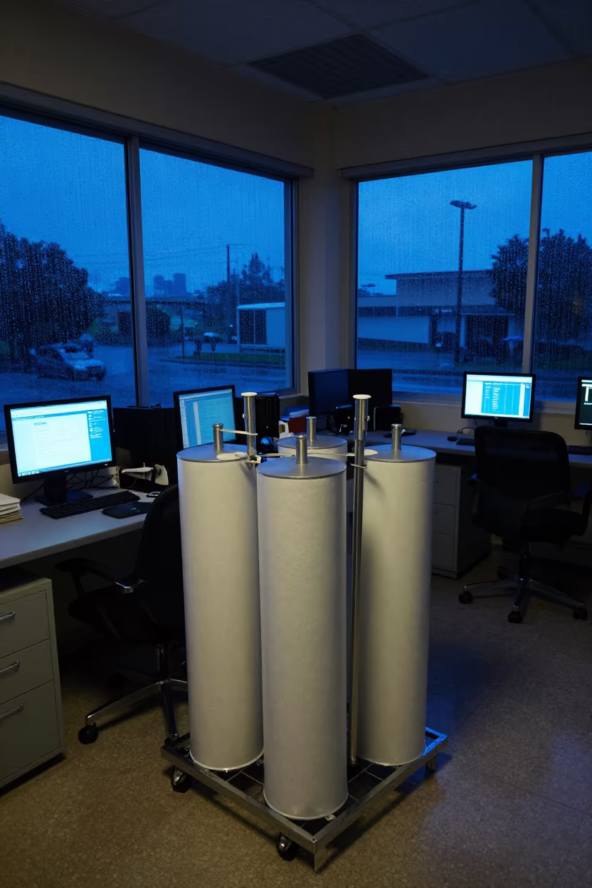 Predawn Office Sleeve Rack with Monitor Glow in in an operations center under monitor glow in Veracruz