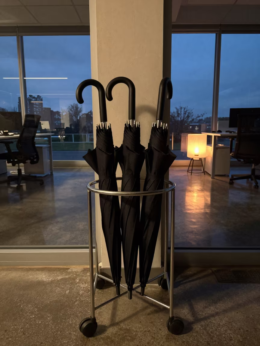 Predawn Office Umbrella Stand After Rain in inside an open-plan office bay near Ho